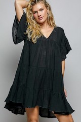 POL Black Cotton Ruffle Tiered Babydoll Mini Dress V-Neck Boho Boutique S-L