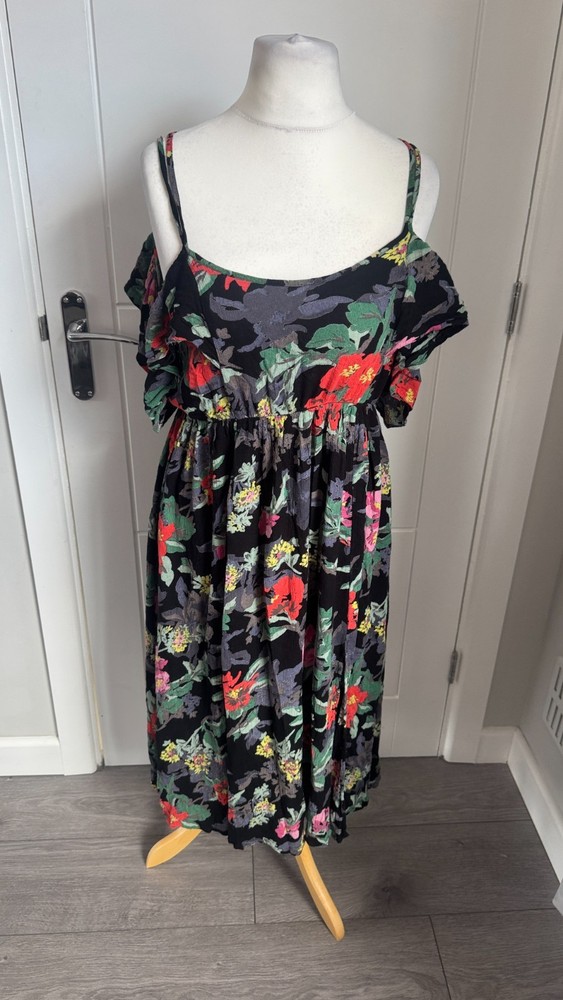 Unbranded Black Red Green Floral Cold Shoulder Midi Dress Boho M UK 12-14 B21