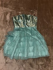 Deb Satin Lined Sequin Top Tulle Bottom Prom Dress Aqua Blue 5/6