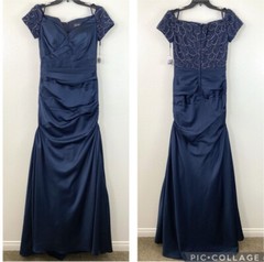 La Femme 25996 Off The Shoulder Beaded Satin Trumpet Gown Navy 4
