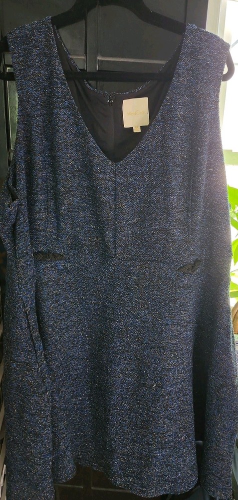 Mod Cloth Blue Gold Dress Sz 4X Sleeveless Formal Workwear Lined Tweed POCKETS!