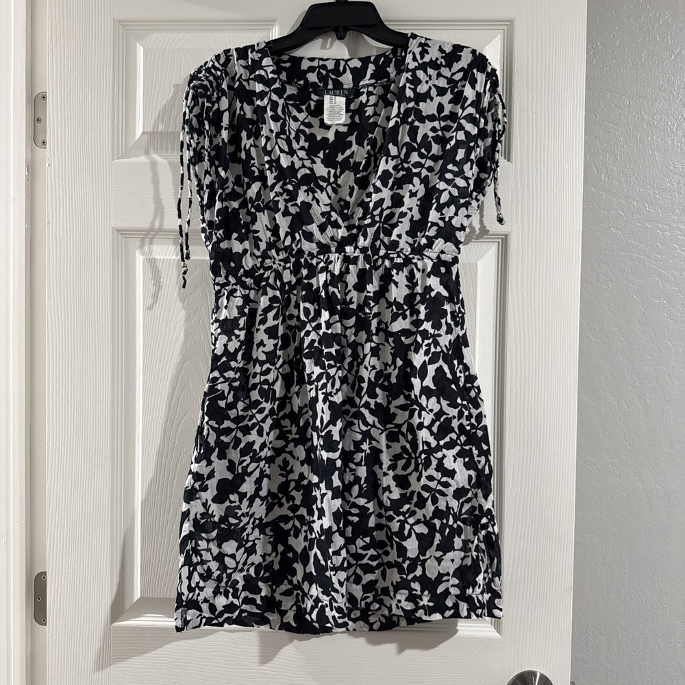 Lauren Ralph Lauren M Smocked Shoulder Lightweight Sundress Black White Floral
