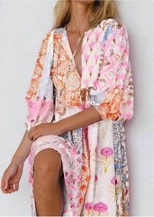 Women Boho Floral Printed Long Dress Summer Lantern Half Sleeve Beach Flowy Loos