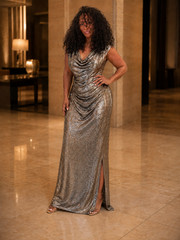 Connected Silver Metallic Draped Maxi Dress Sleeveless Cowl Neck Evening Formal