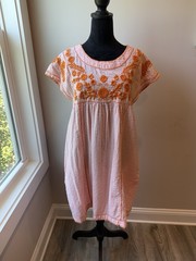 Sister Mary Veronica Coral Check Gingham Embroidered Dress Small Orange & Pink
