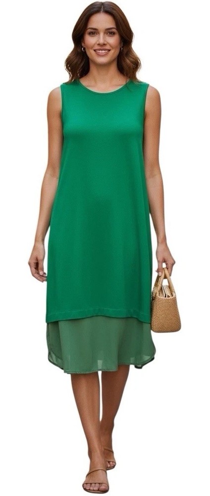 🌻.RIDLEY SIZES EMERALD GREEN JERSEY TUNIC MIDI DRESS CREPE SILK HEMLINE