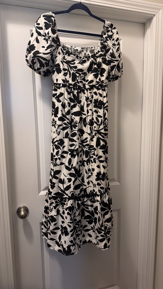 Blu Pepper Black White M Floral Cottagecore Midi Dress Puff Sleeve Womens