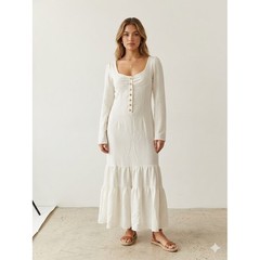 Cream Long Sleeve Tiered Maxi Dress Scoop Neck Button Front Small