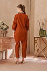 Women Rust Brown Cotton Flex Co-Ord Set Embroidered Top Pant Set