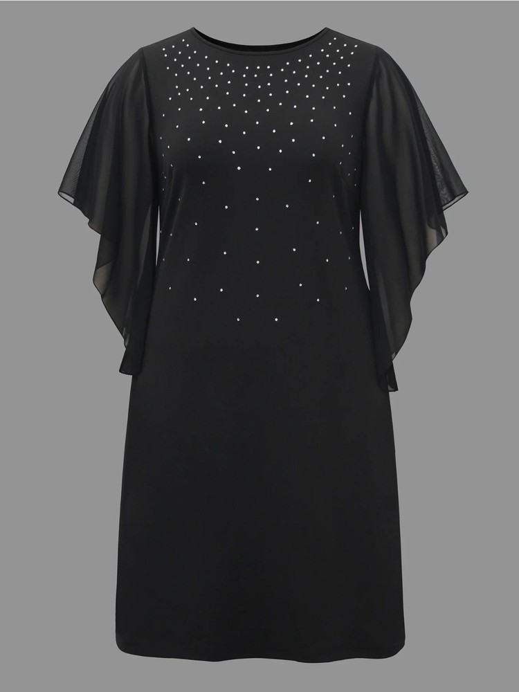 Bloomchic Rhinestone Ruffle Sleeve Mesh Patchwork Dress Size UK 14