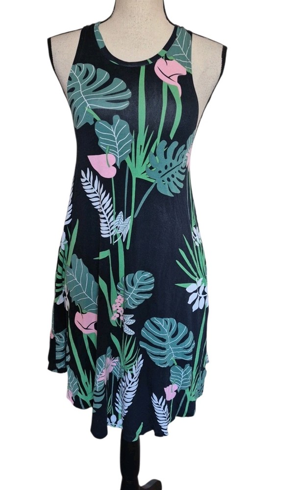 Ava Sky Fighting Eel Mini Dress Pockets Monstera Leaves Hawaii Floral Size Small