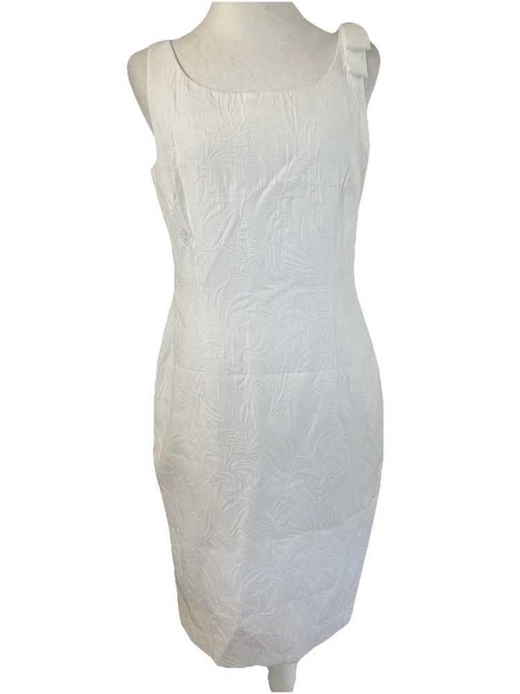 Talbots Petites Vtg White Matelassé Piqué Sheath Dress with Shoulder Bow Sz 8P