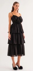 Sofie The Label FIONA Tiered Bow Detail MIDI Ruffle Sleeveless Dress Sz L Black