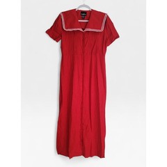 Red Linen Blend Button Down Sailor Collar Maxi Dress Size 10 Vintage Modest