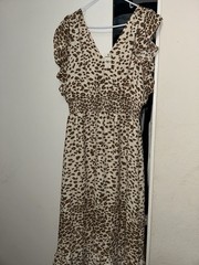 Express Women&rsquo;s Beige Brown Animal Print V-Neck Sleeveless Maxi Dress L