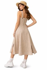 Esprit Structured Square Neck Fit & Flare Midi Dress Beige Sz Sm Cottagecore NWT