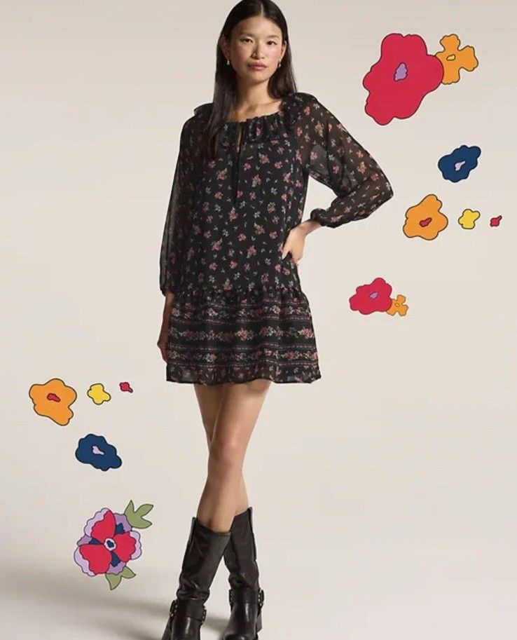 Old Navy X Anna Sui Chiffon Tiered Ruffle Mini Dress Size XL Dark Floral Boho
