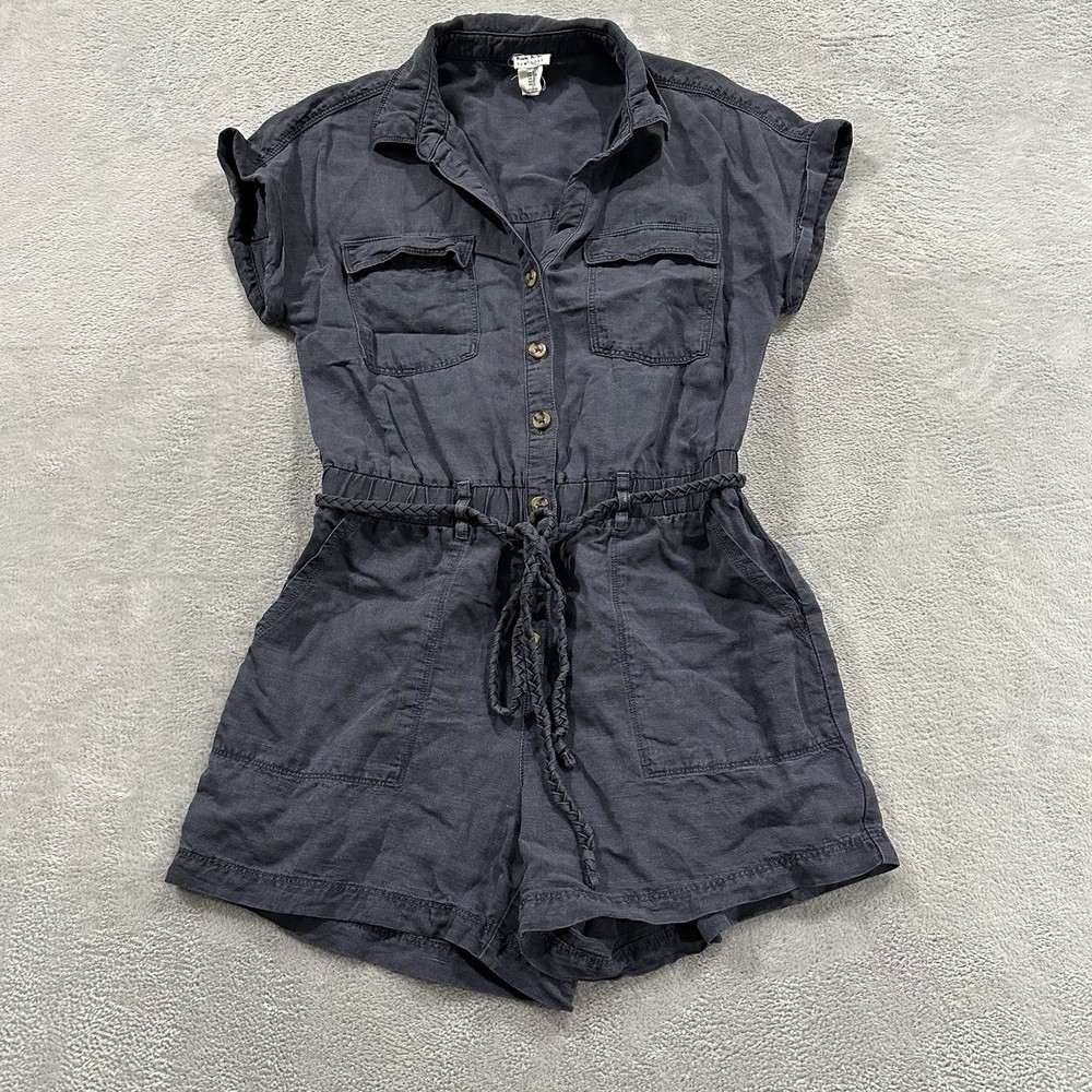 Nicole Miller Button Jumpsuit Overall Shorts Women S Blue Linen Boho