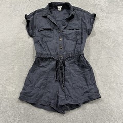 Nicole Miller Button Jumpsuit Overall Shorts Women S Blue Linen Boho