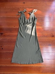 Cali Dreaming Olive Green Shoulder Tie Double V Slip Dress Sz L 💛🍄