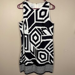 London Times Black White Geometric Print Sleeveless Shift Dress Womens 12
