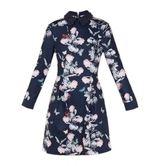 Navy Ted Baker Flowers & Butterfly Themed Collared Long Sleeve Dress Size 8