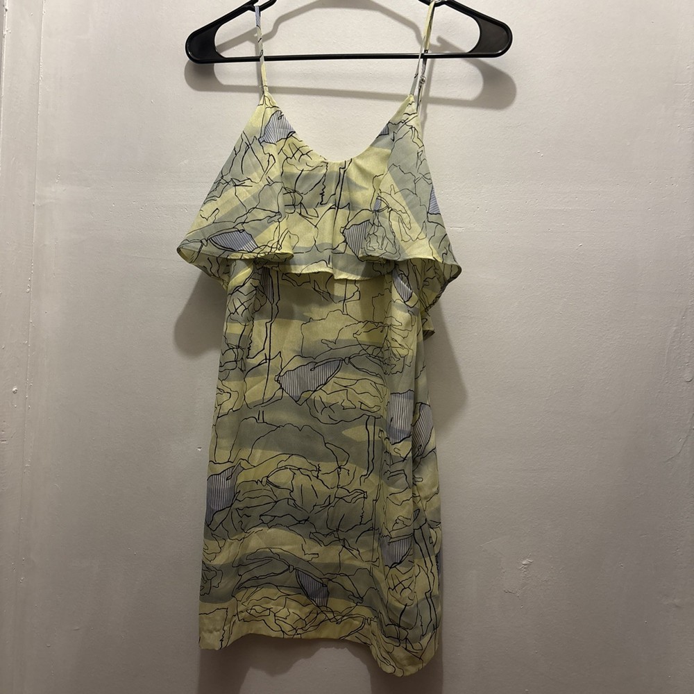 BCBGeneration Watercolor Print Dress Womens XXS Tiered Yellow Blue Black