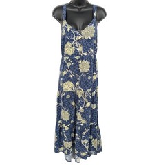 Floral Linen Blend Tiered Maxi Dress Tropical Cottage Boho Flowy Pockets Large