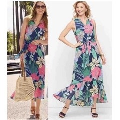 Talbots Womens 10 Tropical Floral Sleeveless Midi Dress Navy Pink Ruffle Cotton