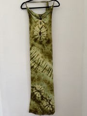 Green Scoop Neck Strappy Sleeve Stretch Backless Maxi Dress Size M Boho Tie Dye