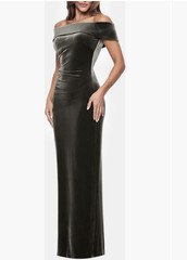Xscape Olive Green Velvet Off Shoulder Ruched Long Gown Womens 10 1778X