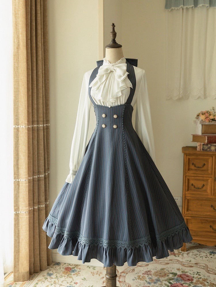 Stripped Pattern Halter Neck Underbust 1950s Retro Dress Dusty Blue Size Small