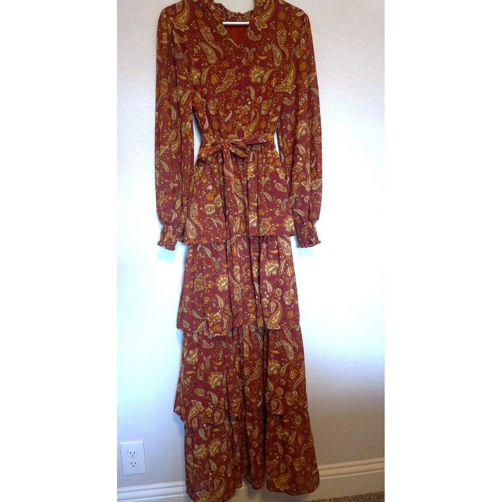 Flying Tomato Rust Paisley Tiered Ruffle Maxi Dress Boho Long Sleeve Womens M