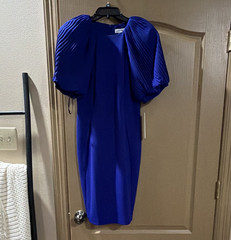 Calvin Klein Blue Solid Knee-Length Pencil Dress Pleated Puff Sleeve Zip Size 10