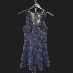 Y2K Whimsigoth Bella Twilight Purple Black Velvet Floral Lace Back Skater Dress