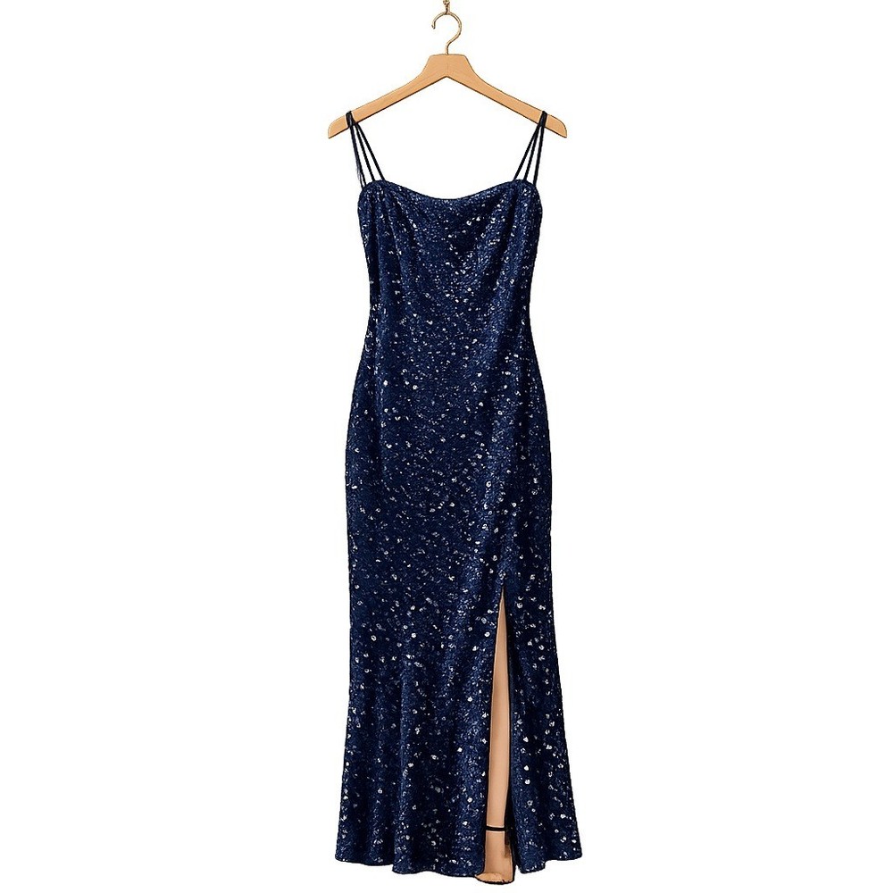Escada Elements Navy Blue Sequin Cowl Neck Maxi Triple Strap Gown EU42 US10