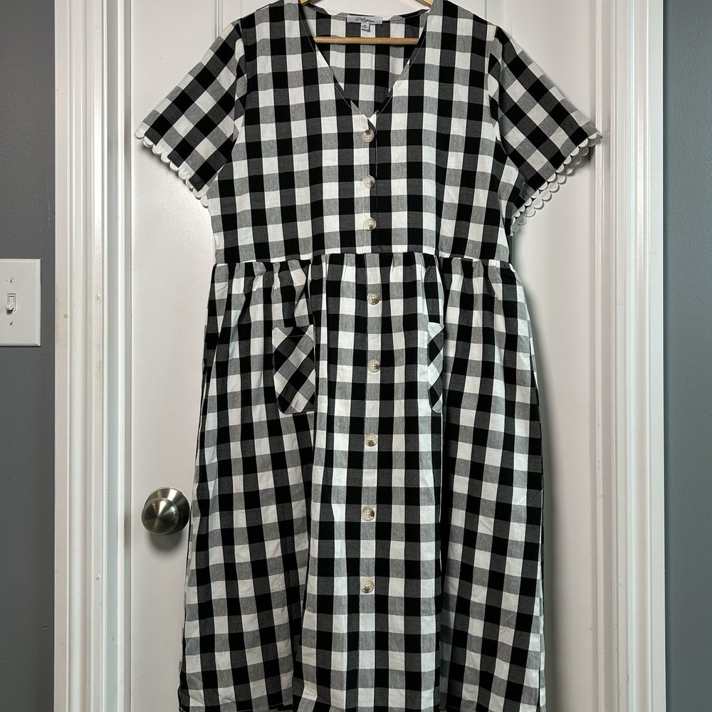 Polagram Black White Gingham Print Scalloped Trim Midi Dress Prairie Girl Style