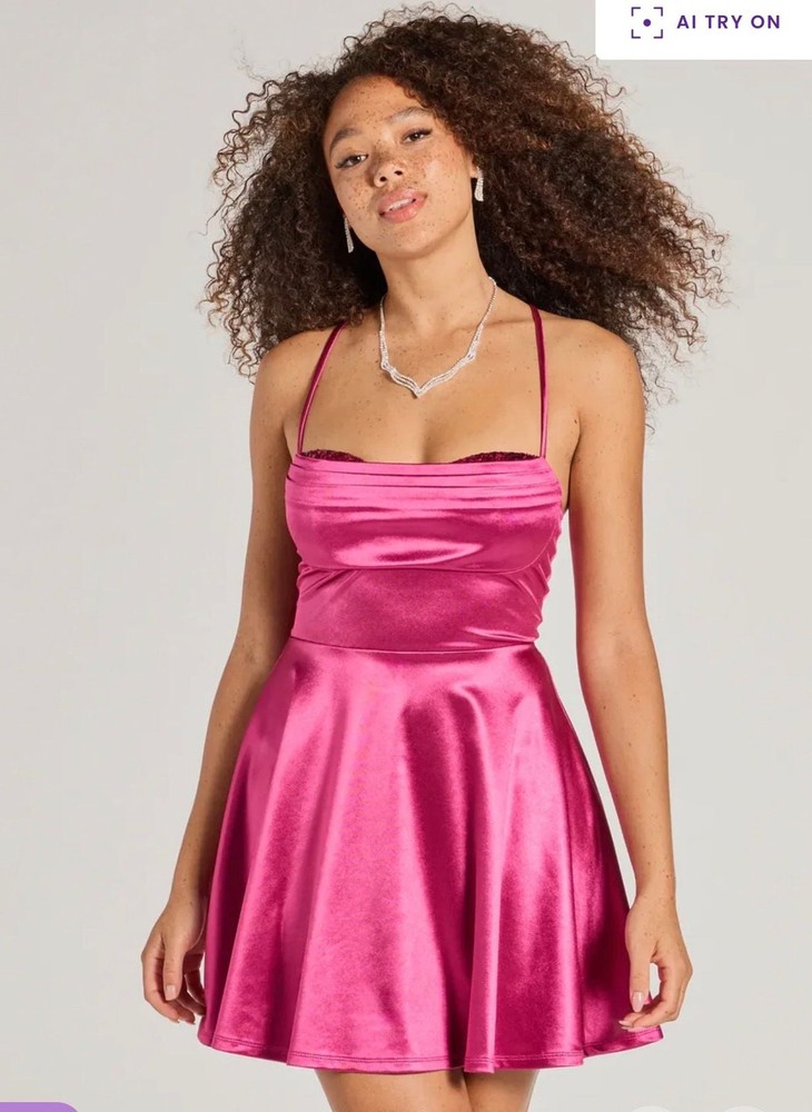 Windsor Magenta Satin Sequin Skater Mini Dress
