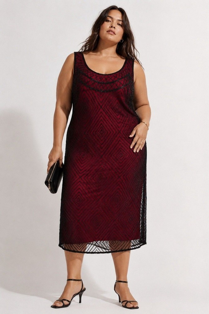Laurence Kazar Beaded Sequin Cocktail Dress 1X Red Black Sheer Overlay Art Deco