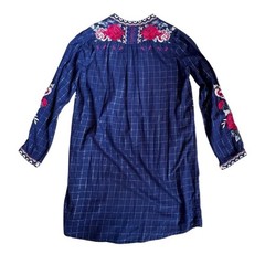 Johnny Was Women’s Sz M Blue Floral Embroidered Plaid Dress Mica Long Sleeeve