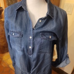 Gloria Vanderbilt Size M Blouse Dress Denim Chambray Roll Tab Sleeve Drawstring