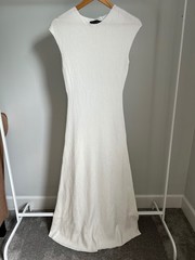 MEROKEETY Women’s Medium White Ribbed Knit Maxi Dress Sleeveless Bodycon Flare