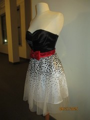 strapless black satin + white glitter tulle polka dot dress sz M, red satin bow