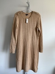 Talbots Cable Knit Button Shoulder Sweater Dress Camel Beige NWT Size Medium