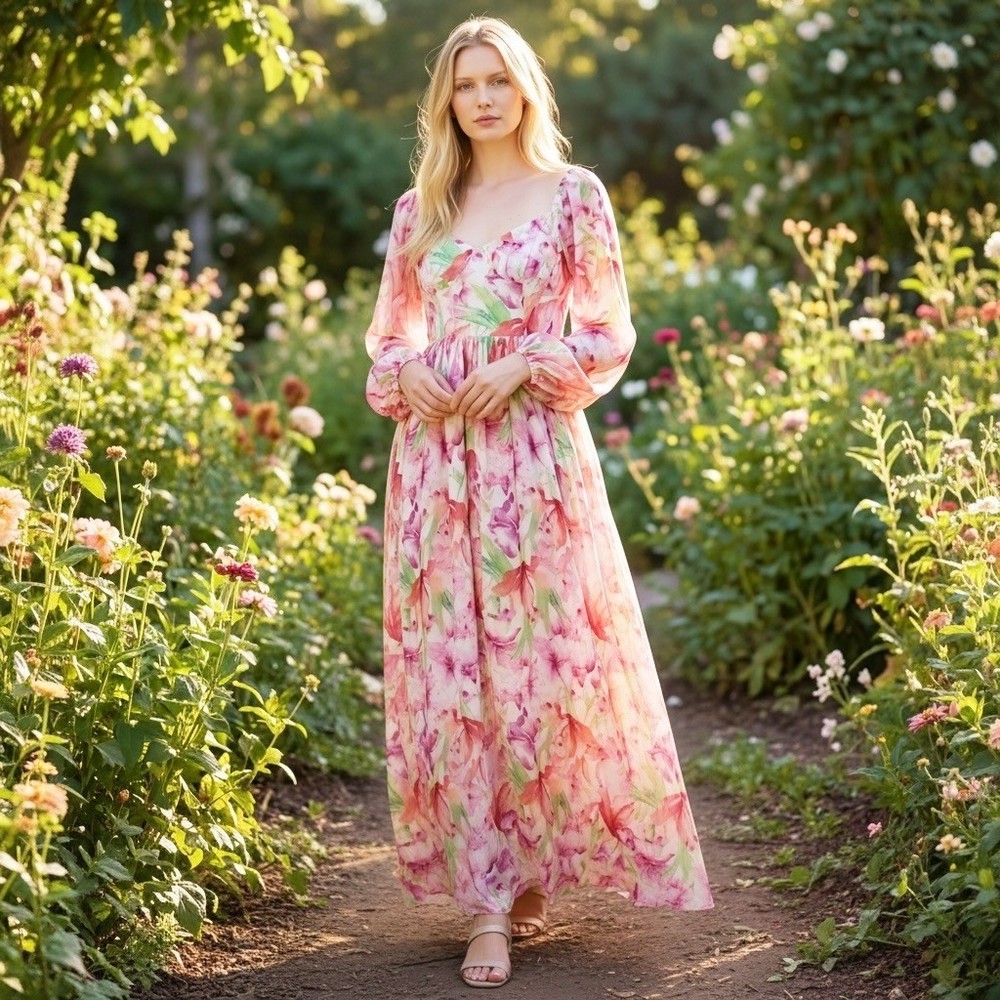 Pink Floral Sweetheart Puff Sleeve Maxi Dress Sz 6 M Boho Cottagecore Coquette
