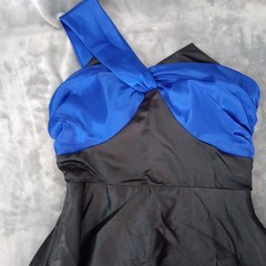 Miss Ord Dress Womens Medium Black Blue One Shoulder Long Layered Mermaid Satin