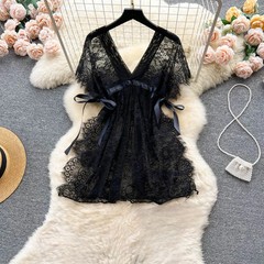 Fashion Lace Mesh Sensual Comfortable Mini Dress Women V Neck Lace-up Black