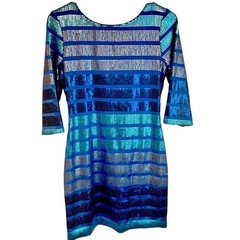 Blue Sequin Mini Dress Silver Striped Ombré 3/4 Sleeve Bodycon Mini Dress Size M