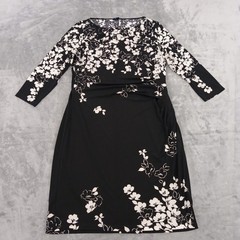 Chaps Sheath Dress XL Black White Floral 3/4 Sleeve Pullover Ruched Stretch