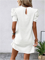 White Clasi Solid Puff Sleeve Keyhole Back Dress Sz S M L XL